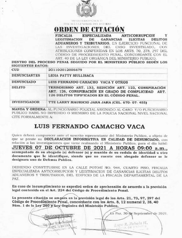 Citación fiscal a Fernando Camacho