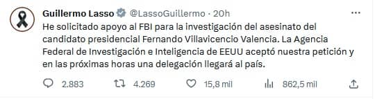 Guillermo Lasso, apoyo FBI Twitt