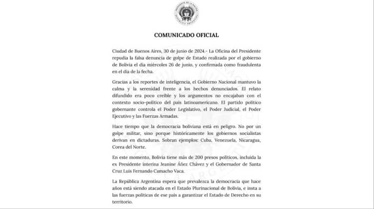 Comunicado Argentina sobre crisis Bolivia