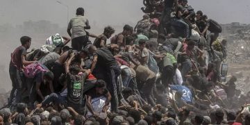 palestinnos tratan de conseeguir alimentos Gaza 2025