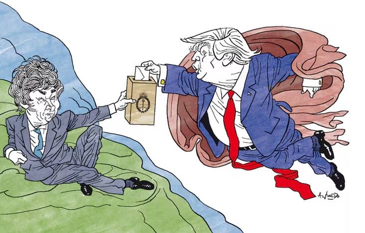 milei y trump, divinos, caricatura