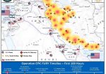 Mapa publicado por Estados Unidos de los ataques realizados en Irán en las primeras 100 horas de la Operación Furia Épica.
