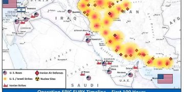 Mapa publicado por Estados Unidos de los ataques realizados en Irán en las primeras 100 horas de la Operación Furia Épica.