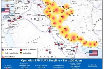 Mapa publicado por Estados Unidos de los ataques realizados en Irán en las primeras 100 horas de la Operación Furia Épica.