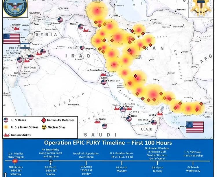 Mapa publicado por Estados Unidos de los ataques realizados en Irán en las primeras 100 horas de la Operación Furia Épica.