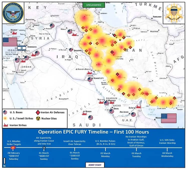 Mapa publicado por Estados Unidos de los ataques realizados en Irán en las primeras 100 horas de la Operación Furia Épica.