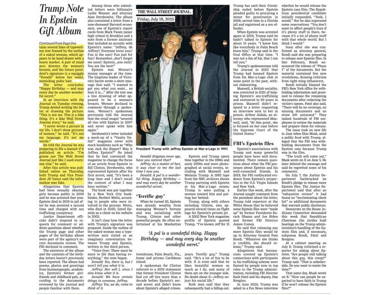wsj publica carta de trump a epstein