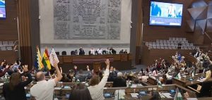 Asamblea Legislativa en la aprobación del estado de excepción. Foto: Captura Vicepresidencia del Estado Plurinacional.